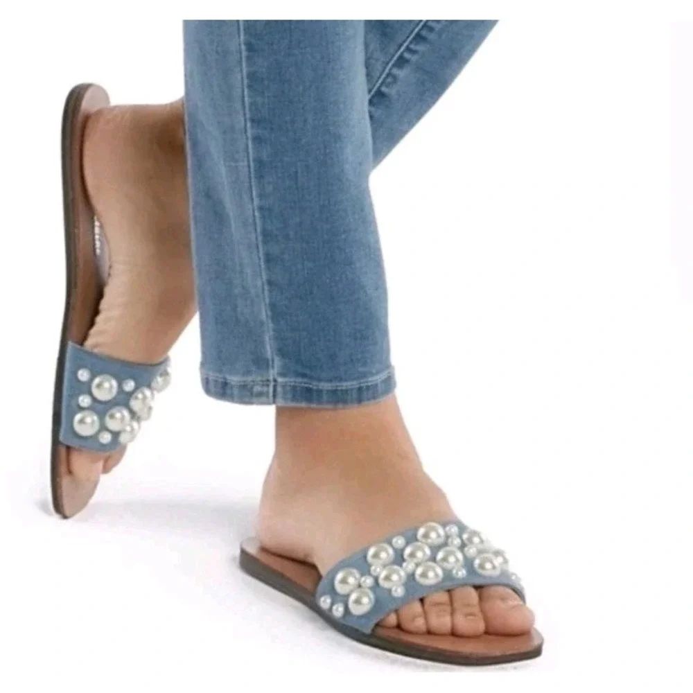 Lauren Lorraine Nilo‎ Pearl Blue Denim Slides Size 6 *New*